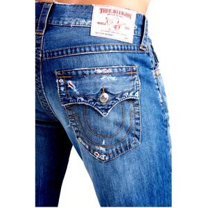 True Religion Skinny Flap Orange Stitch Jeans Mens 33 X 33 Red Distressed Thrash